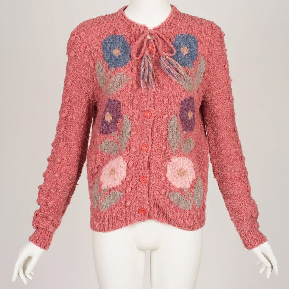 1970s Vintage Floral Intarsia Pink Nubby Wool Tassel Cardigan Sweater Sz M